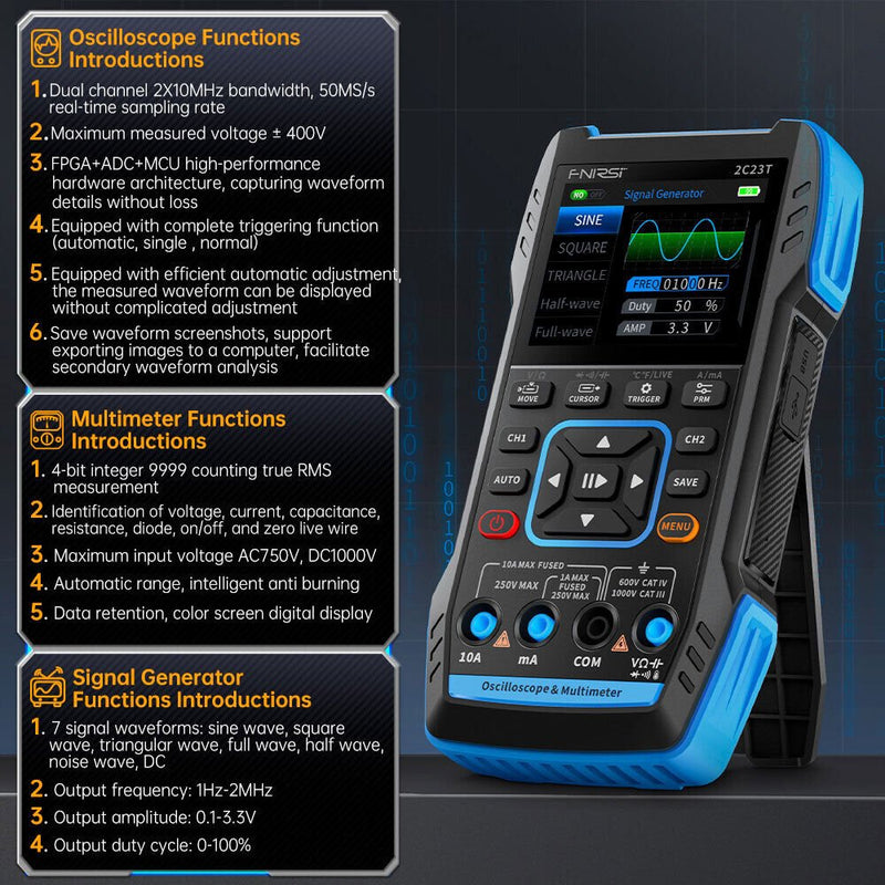 Load image into Gallery viewer, FNIRSI 2C23T Oscilloscope Multimeter Signal Generator 3 - in - 1 2.8&quot; Display Screen Standard(6) - FN - 2C23T - OSMSG - ST - BU - Fnirsi - ALTWAYLAB
