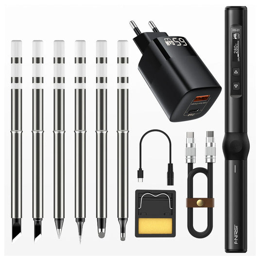 FNIRSI HS - 01 Smart Electric Soldering Iron HS01 - Base Set+6 Soldering Tips+Power Supply+C2C Cable(15) - FN - HS01 - BK - 6ST - PS - C2C - Fnirsi - ALTWAYLAB