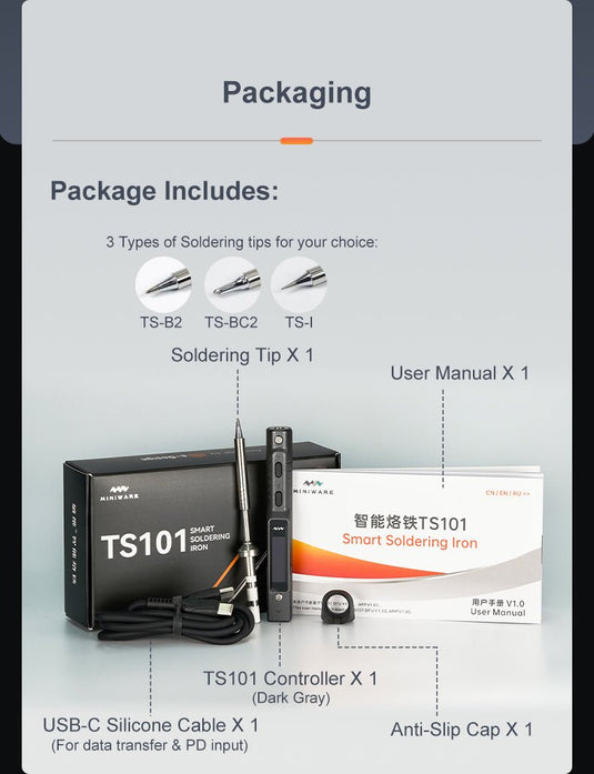 MINIWARE TS101 Soldering Iron (B2) Black + 65W Charger + Mini Stand (12) - MNWTS101B2 - SI - BK - 65W - MINIWARE - AMPANOVA