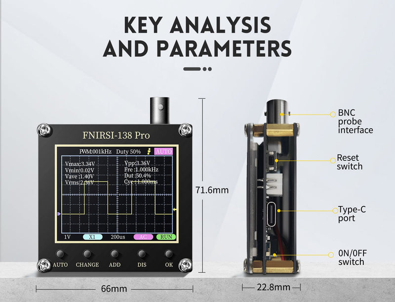 Load image into Gallery viewer, FNIRSI 138 Pro Oscilloscope - 2.4&quot; TFT Handheld Digital Oscilloscope Kit Portable Automotive Oscilloscope, 2.5MS/s High Sampling Rate, 200KHz Bandwidth, 80khz Pwm, Trigger Function Auto/Nomal/Single Without Battery(5) - FN-138-PRO-OSCP-NB - Fnirsi - ALTWAYLAB
