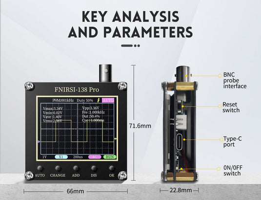 FNIRSI 138 Pro Oscilloscope - 2.4" TFT Handheld Digital Oscilloscope Kit Portable Automotive Oscilloscope, 2.5MS/s High Sampling Rate, 200KHz Bandwidth, 80khz Pwm, Trigger Function Auto/Nomal/Single Without Battery(5) - FN-138-PRO-OSCP-NB - Fnirsi - ALTWAYLAB