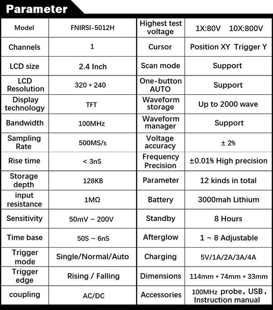 FNIRSI-5012H 2.4-inch Screen Digital Oscilloscope 500MS/s Sampling Rate 100MHz Analog Bandwidth (9) - FN-5012H-OSCP - Fnirsi - ALTWAYLAB