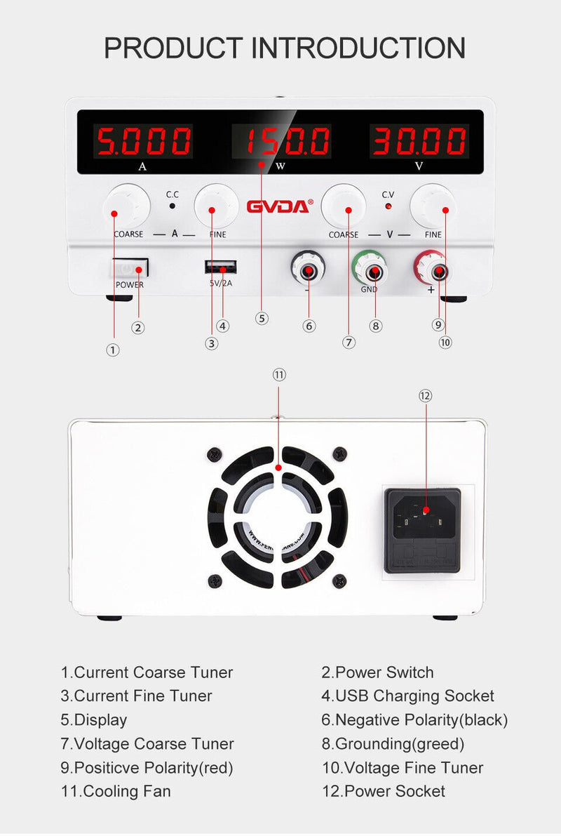 Load image into Gallery viewer, GVDA USB DC Regulated Switching Power Supply Adjustable SPS-H305 / SPS-H605 / SPS-H3010 DC Power Supply SPS-H305(8) - GVDA-LAB-ADJ-DC-RSPS-H305-BK-EU - GVDA Technology - ALTWAYLAB
